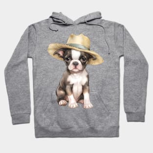 Watercolor Boston Terrier Dog in Straw Hat Hoodie